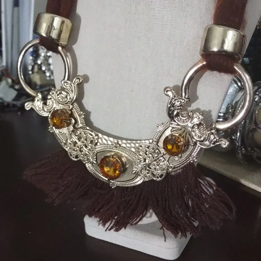 660 Women's Brown Fringe and Gold Costume Statement Necklace - Picture 2 of 6